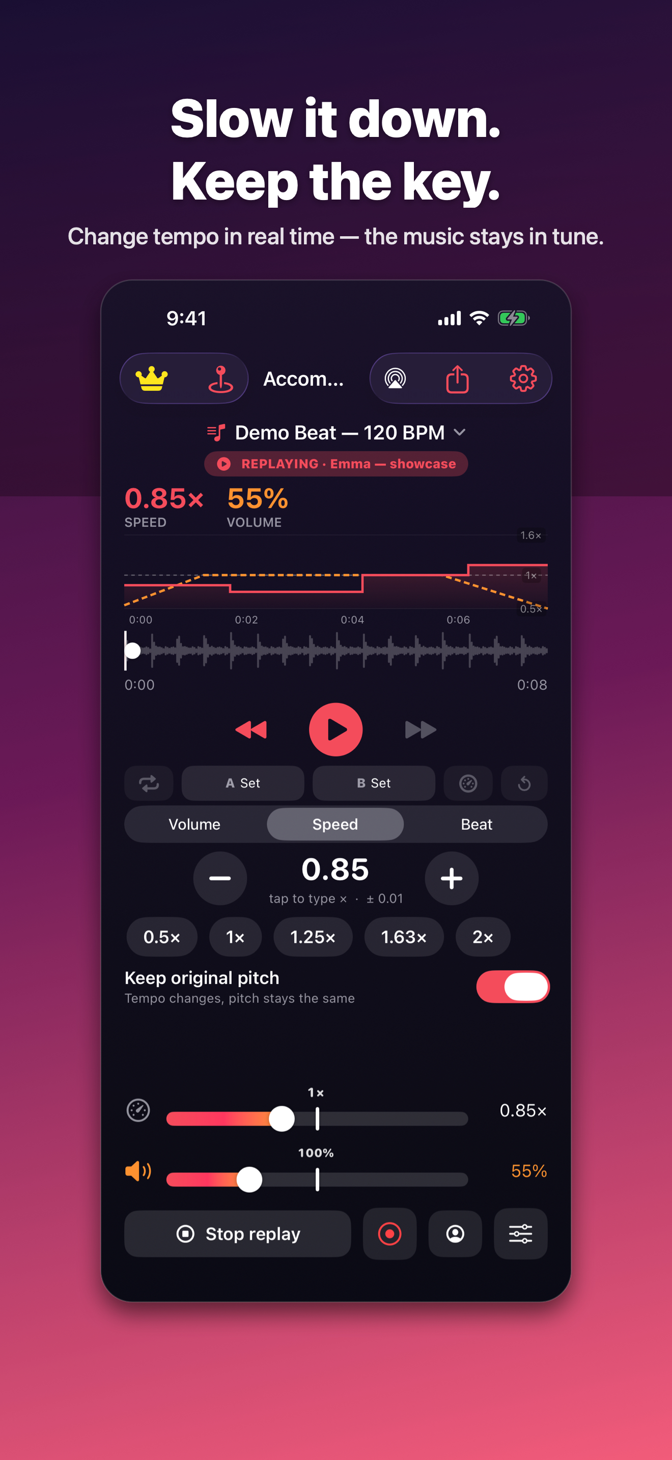 Accompanist's speed controls and pitch-lock switch shown with a demonstration song.