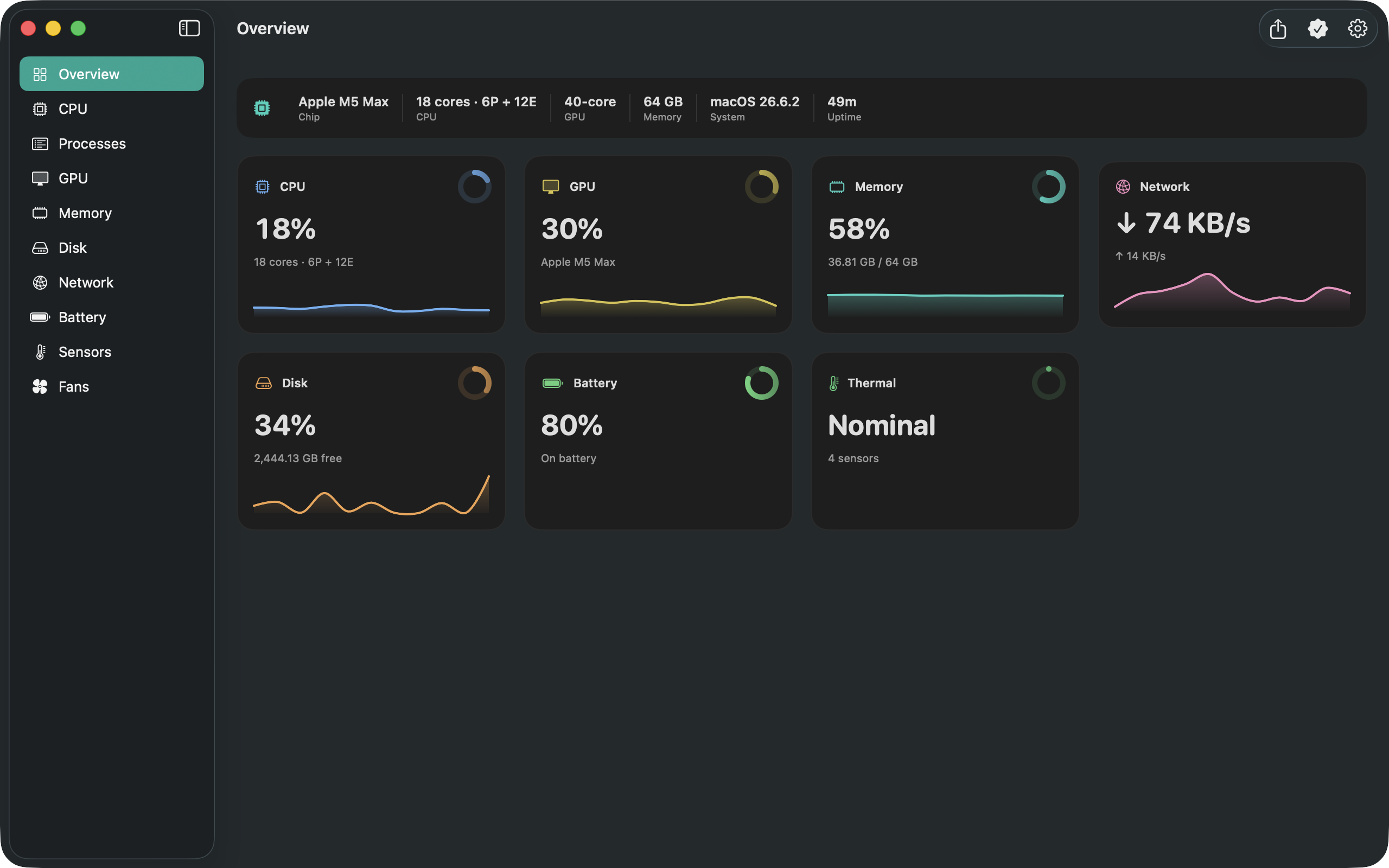 Corynx Overview dashboard with CPU, GPU, memory, network, disk, battery and thermal readings