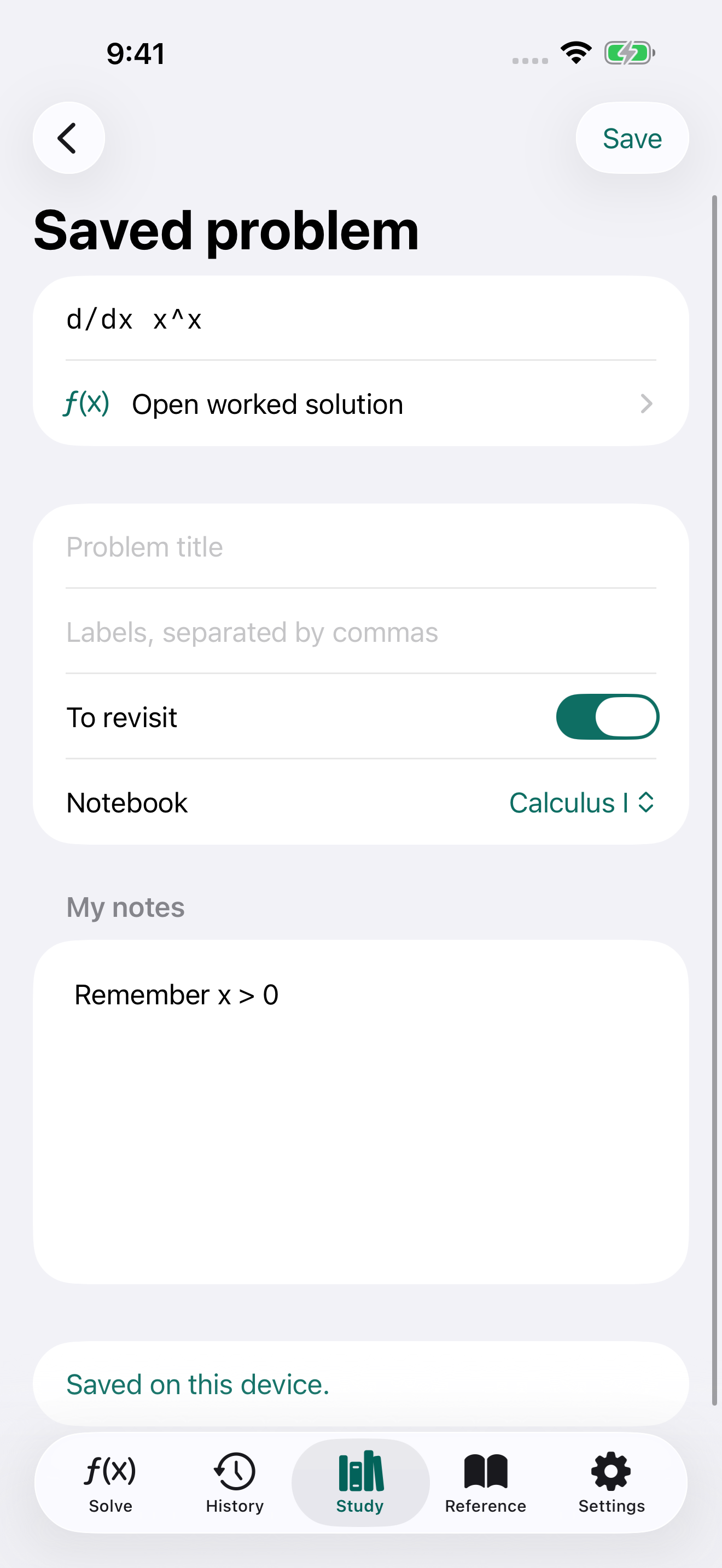 A saved calculus problem with a course notebook, review marker and personal notes