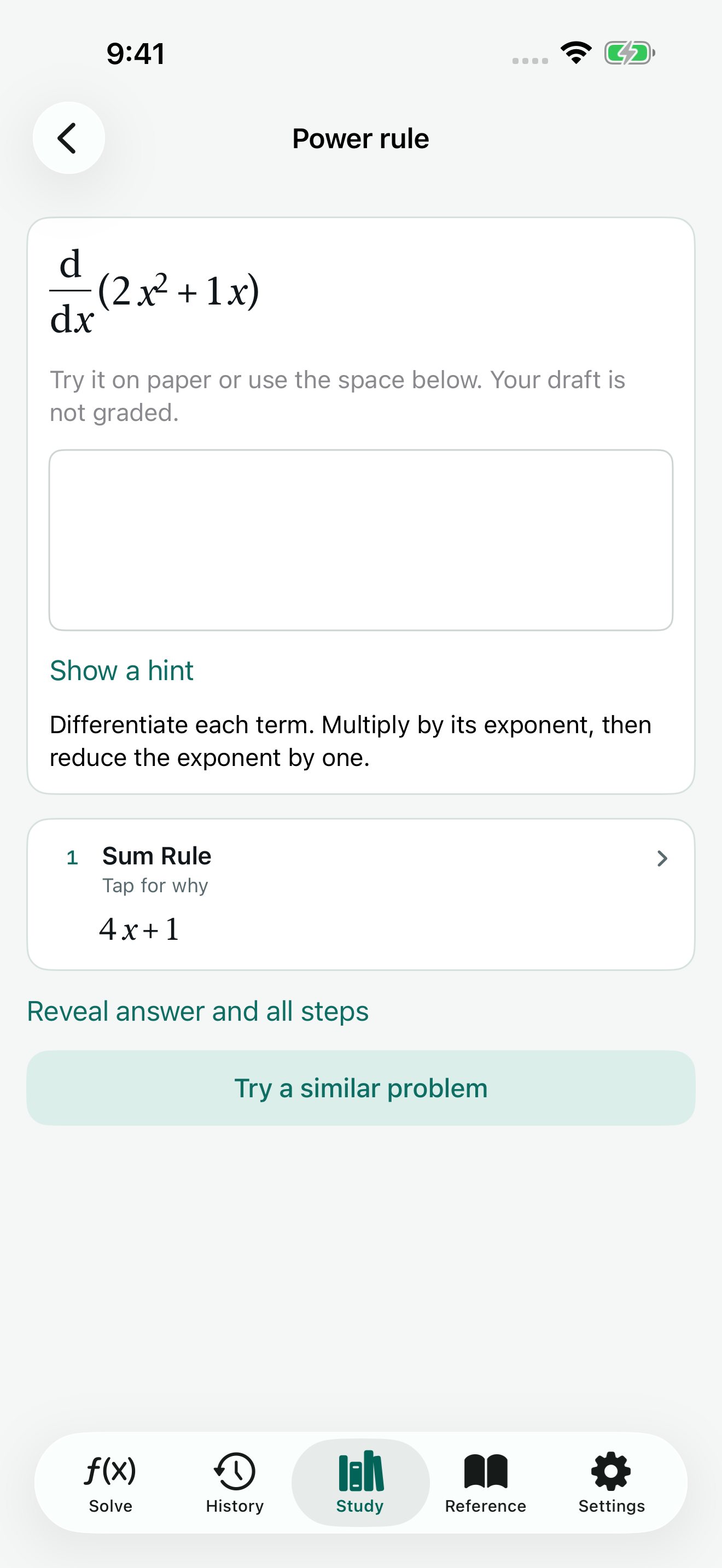 A power-rule practice problem with a hint and the first solution step