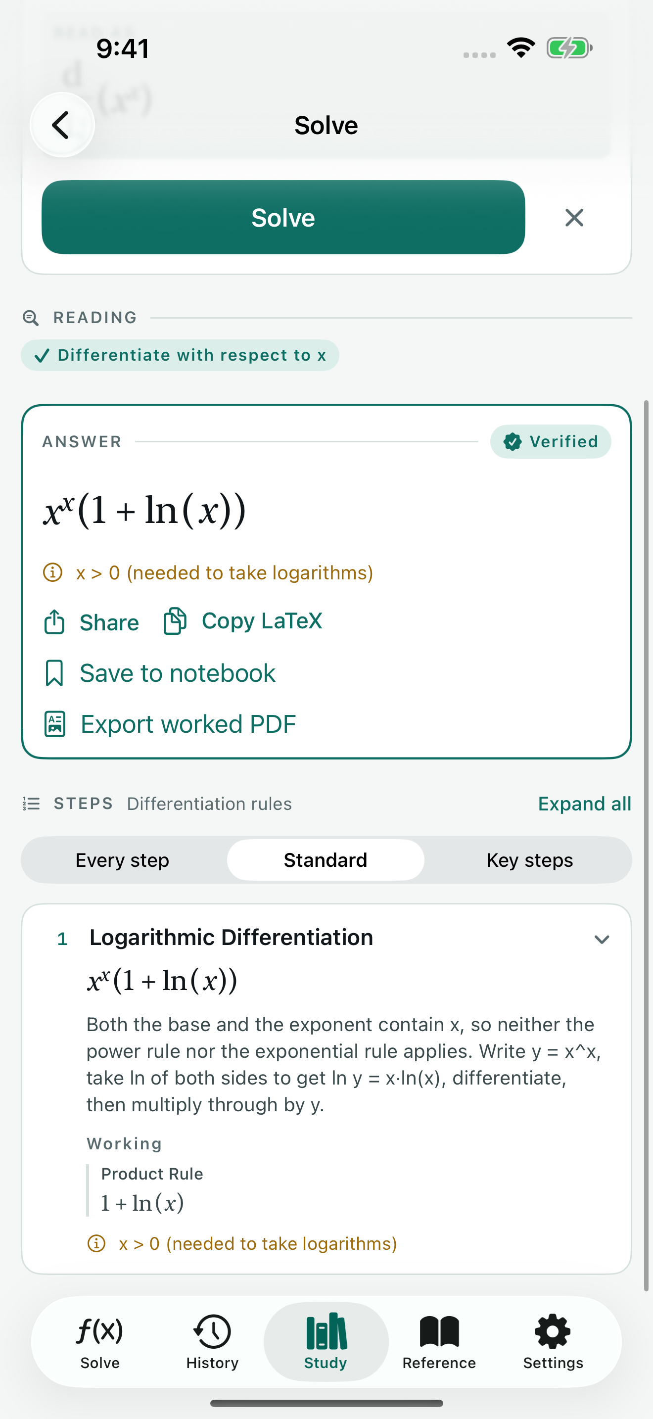 Qedra showing the derivative of x to the power x, its verification and worked steps