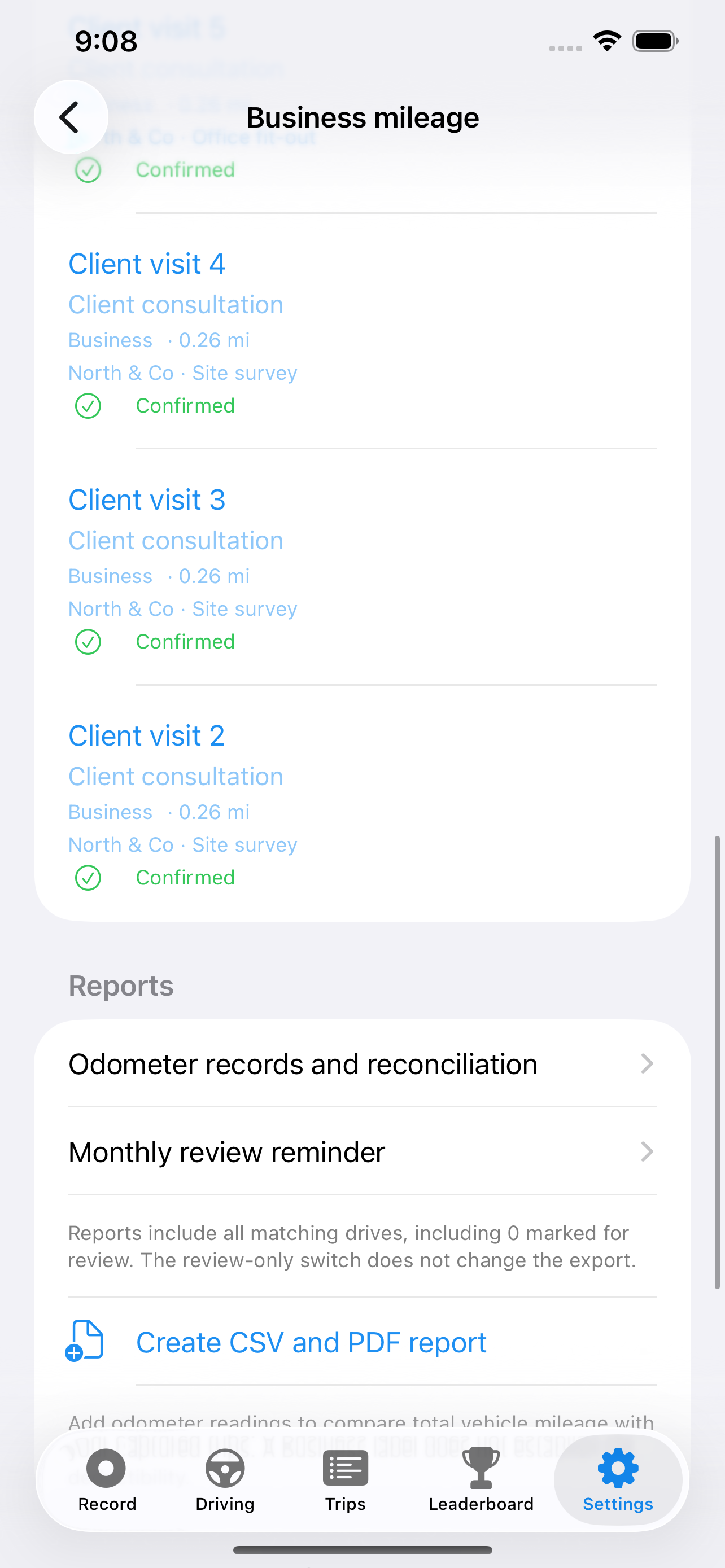 Business report screen in the RoadBook development build