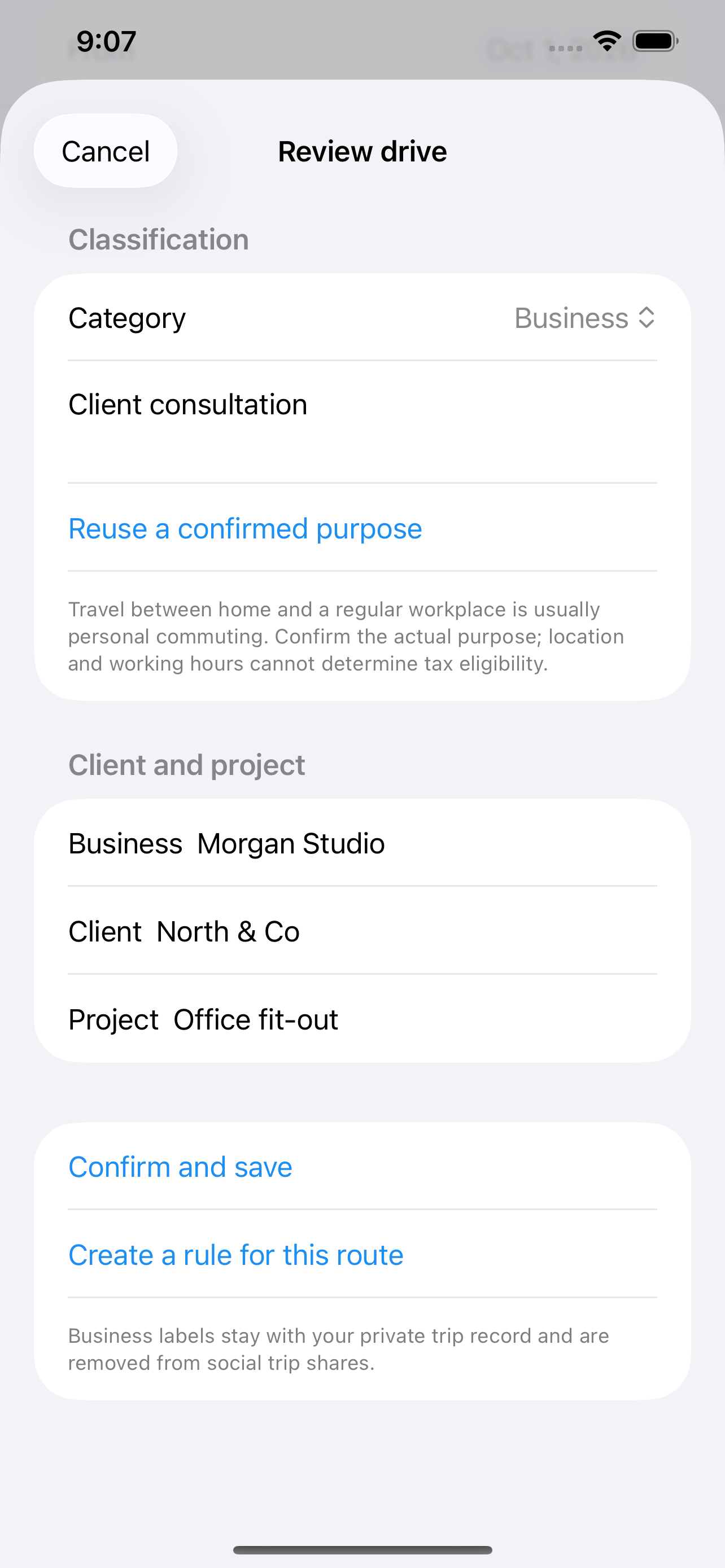 RoadBook Business Pro preview: review a drive and assign its business, client and project
