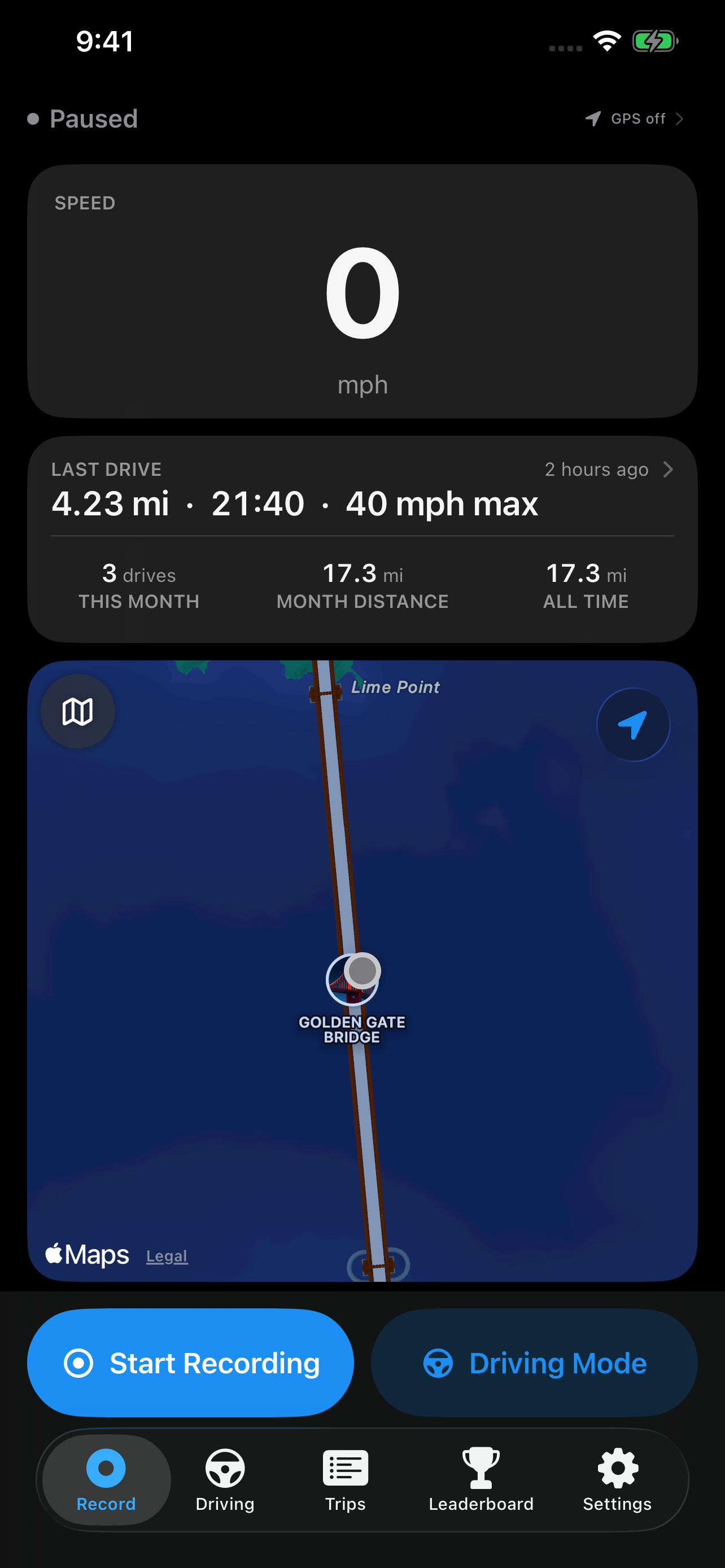 RoadBook Record screen with a saved demonstration drive