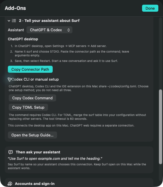 Surf's Mac Add-Ons panel with assistant setup instructions and connector copy controls