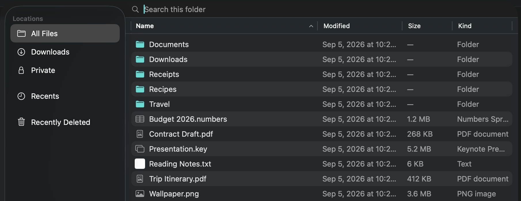 Surf's Mac file library showing folders, documents, a Private area and Recently Deleted